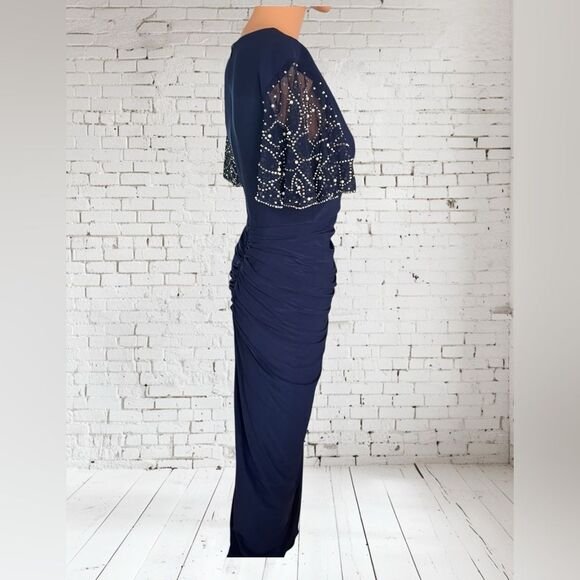 Betsy & Adam Navy Midi Dress with Embellished Sleeves Sz. 4P - Picture 7 of 10